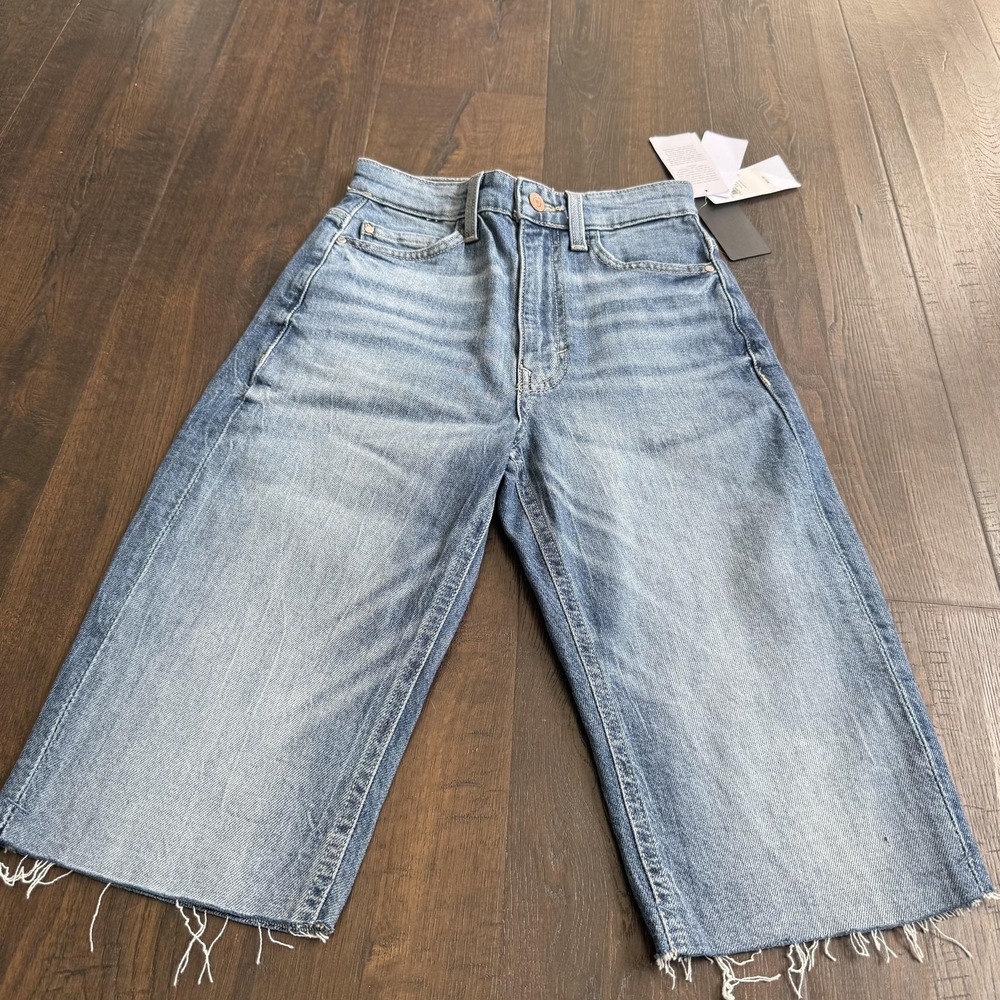 Guess Jeans Women's Shorts 24 Blue Wide Leg Cropped Distressed Raw Hem Denim